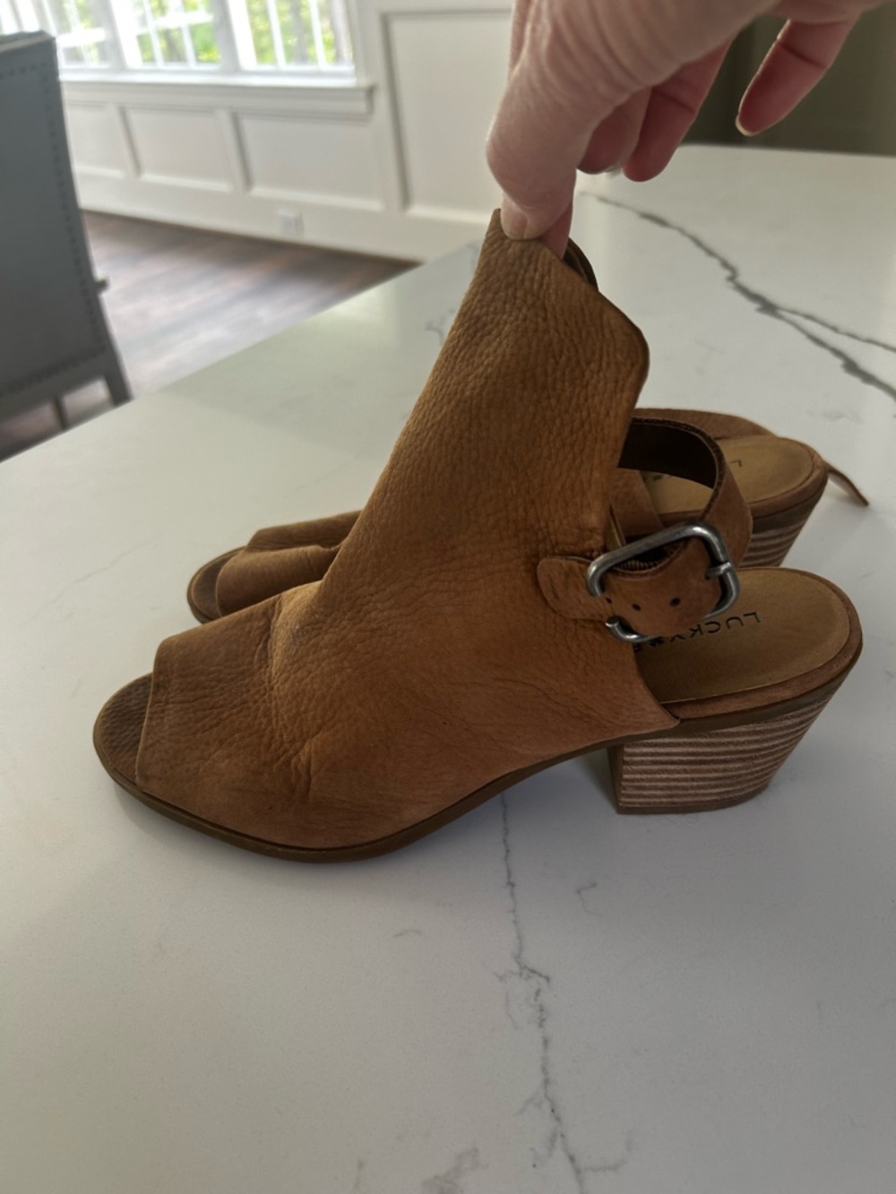 Lucky Brand Tan Leather Open-Peep Toe Slingback Mules